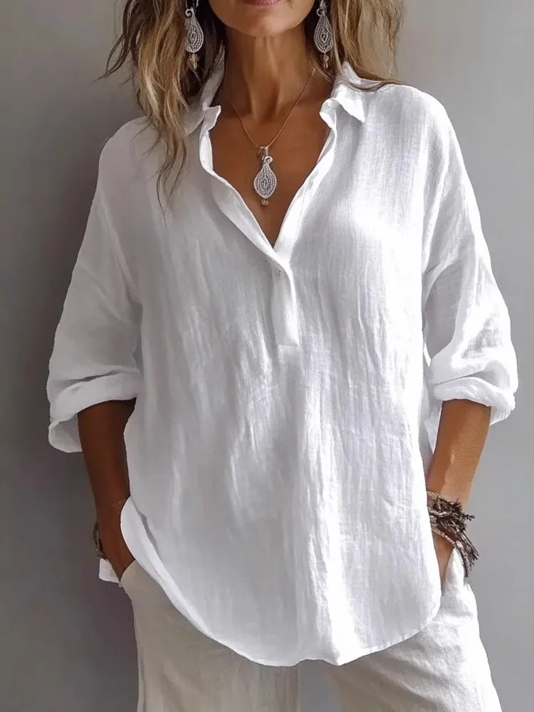 🔥Womens Casual Button V Neck Long Sleeve Shirts Oversized Solid Blouses Tops
