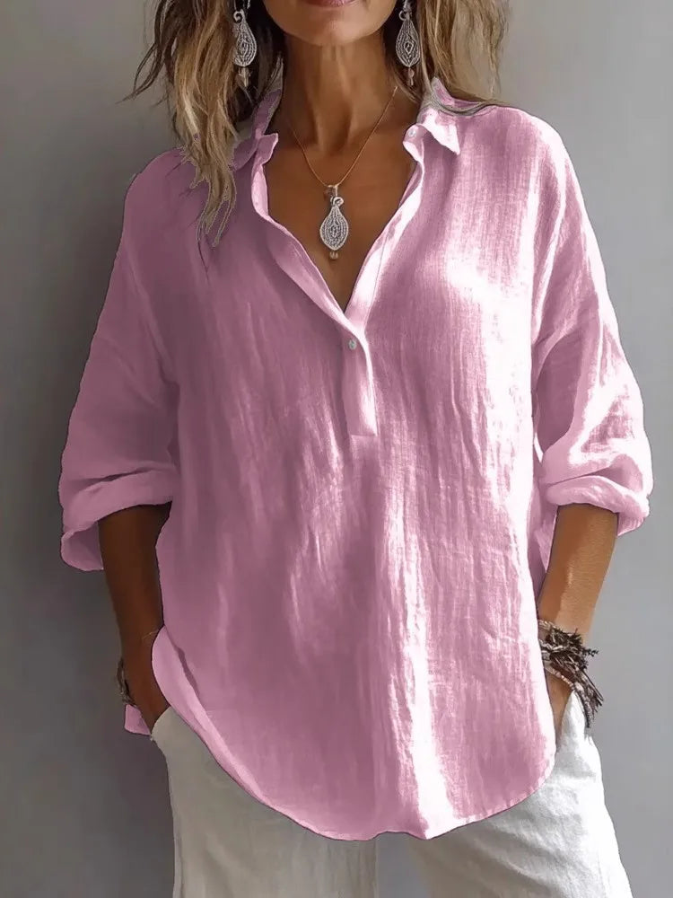 🔥Womens Casual Button V Neck Long Sleeve Shirts Oversized Solid Blouses Tops