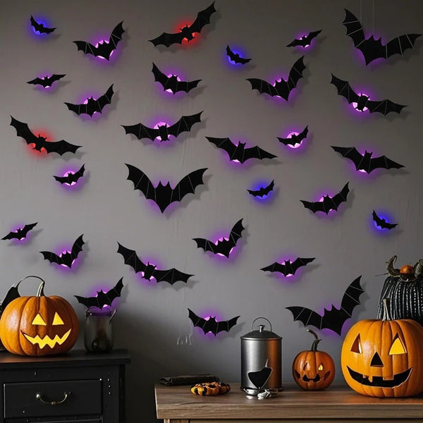 36-Pack LED Bats Spider Decor - Glow-in-the-Dark 3D Wall Stickers with Green Lights for Indoor/Outdoor Halloween Party Scares