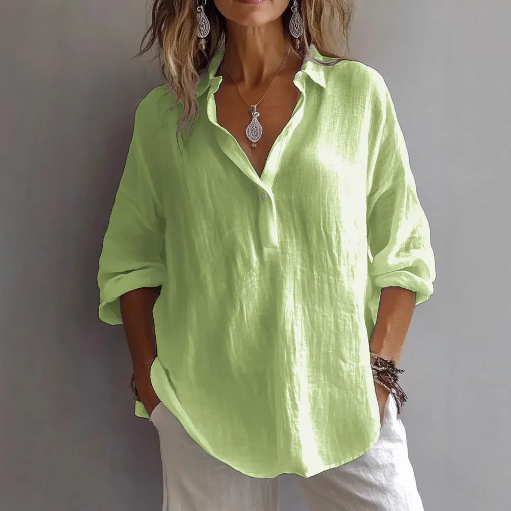 🔥Womens Casual Button V Neck Long Sleeve Shirts Oversized Solid Blouses Tops