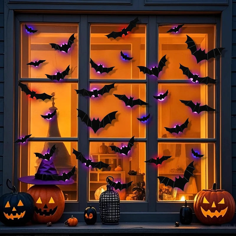 36-Pack LED Bats Spider Decor - Glow-in-the-Dark 3D Wall Stickers with Green Lights for Indoor/Outdoor Halloween Party Scares