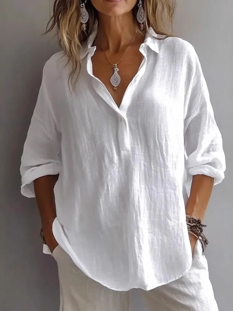 🔥Womens Casual Button V Neck Long Sleeve Shirts Oversized Solid Blouses Tops