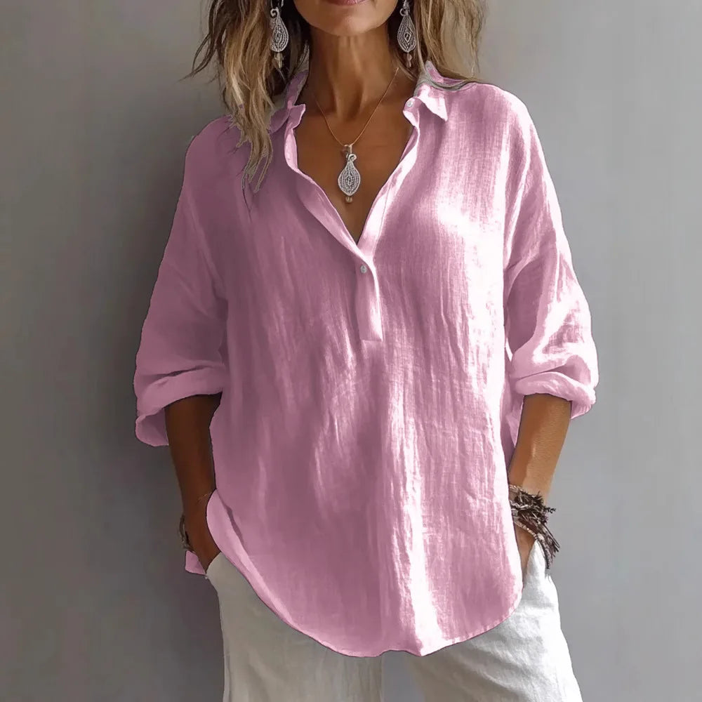 🔥Womens Casual Button V Neck Long Sleeve Shirts Oversized Solid Blouses Tops