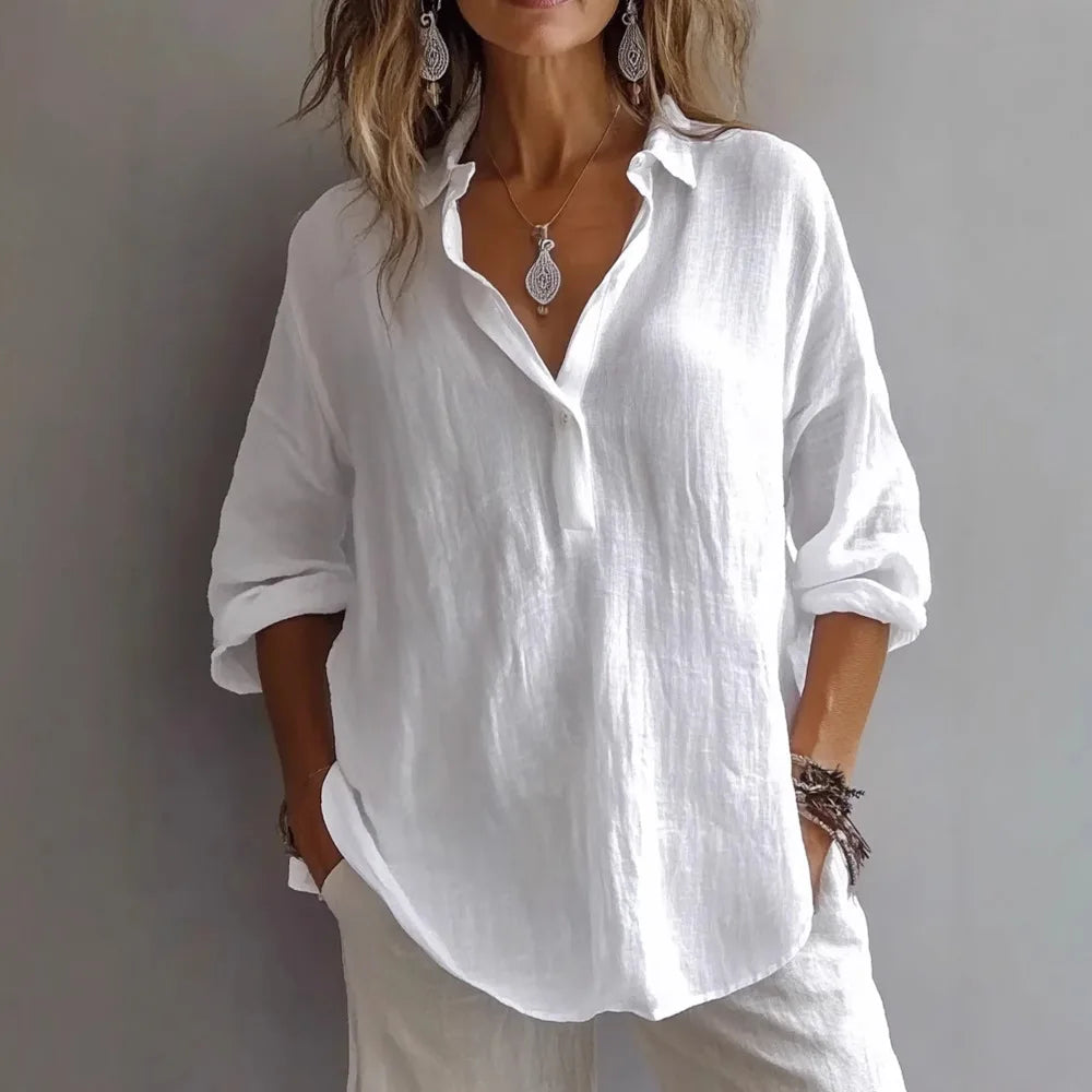 🔥Womens Casual Button V Neck Long Sleeve Shirts Oversized Solid Blouses Tops