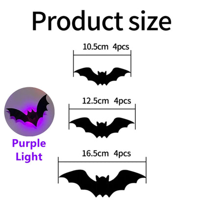 36-Pack LED Bats Spider Decor - Glow-in-the-Dark 3D Wall Stickers with Green Lights for Indoor/Outdoor Halloween Party Scares