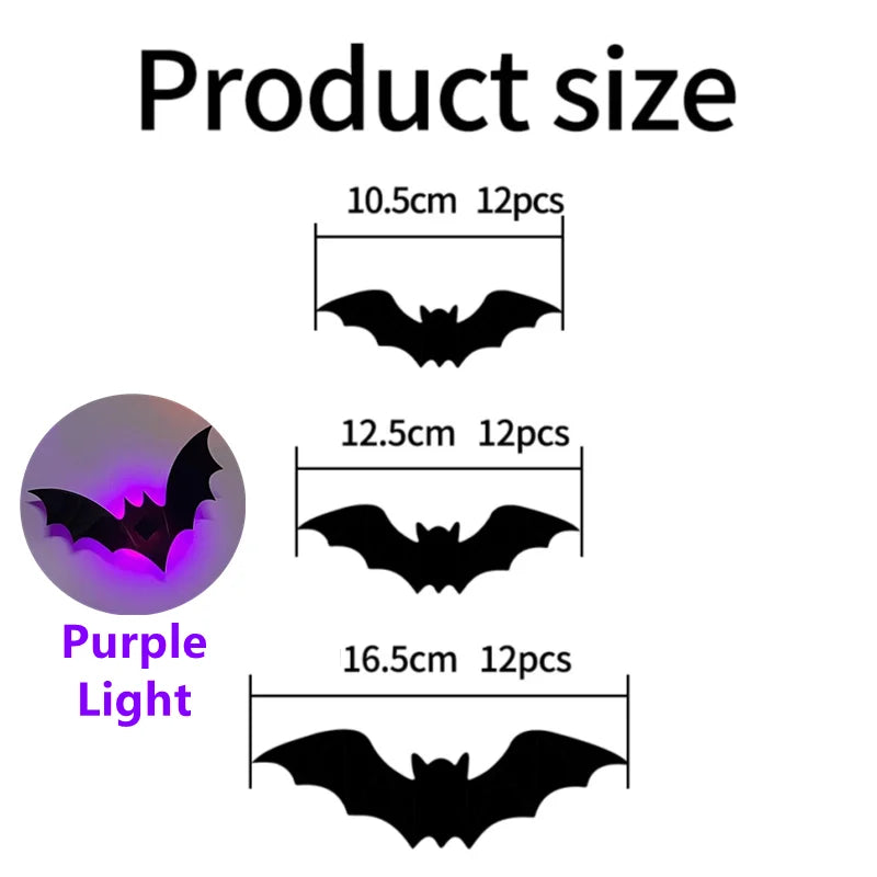 36-Pack LED Bats Spider Decor - Glow-in-the-Dark 3D Wall Stickers with Green Lights for Indoor/Outdoor Halloween Party Scares