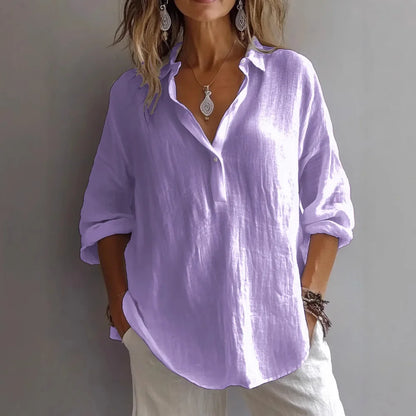 🔥Womens Casual Button V Neck Long Sleeve Shirts Oversized Solid Blouses Tops