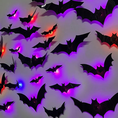 36-Pack LED Bats Spider Decor - Glow-in-the-Dark 3D Wall Stickers with Green Lights for Indoor/Outdoor Halloween Party Scares