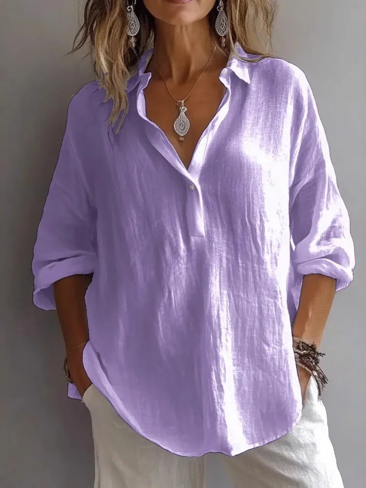 🔥Womens Casual Button V Neck Long Sleeve Shirts Oversized Solid Blouses Tops