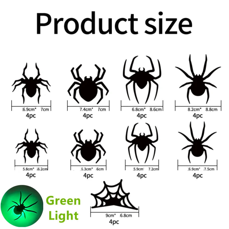 36-Pack LED Bats Spider Decor - Glow-in-the-Dark 3D Wall Stickers with Green Lights for Indoor/Outdoor Halloween Party Scares